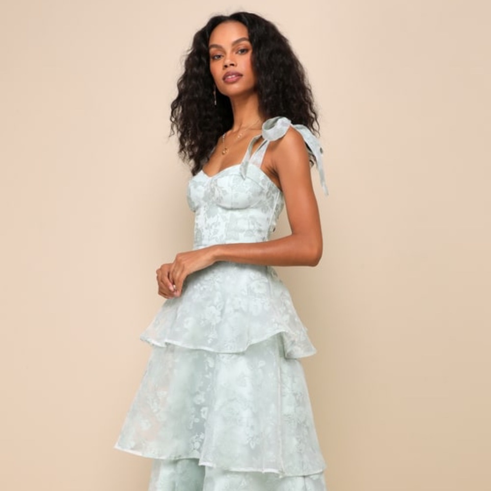 Lulus Glamorous Sweetie Sage Burnout Tie-strap Bustier Midi Dress Green - Size S